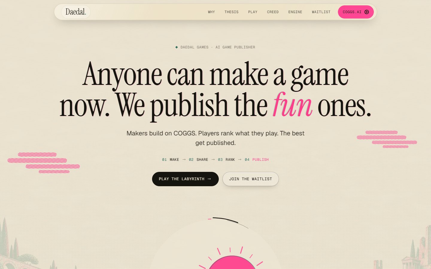 daedalgames.com and coggs.ai landings 첫 화면, daedalgames.com